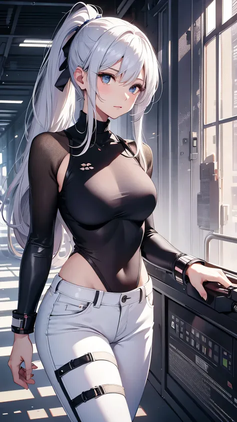 最high quality、best image quality、masterpiece、girl((18-year-old、 By becoming、vest bust、medium bust,wide open breast tea、shining eyes, silver hair、ponytail、long hair、thin,highest valley、white tank top、blue pants、Wristband、brown skin、Holding a handgun)),high ...