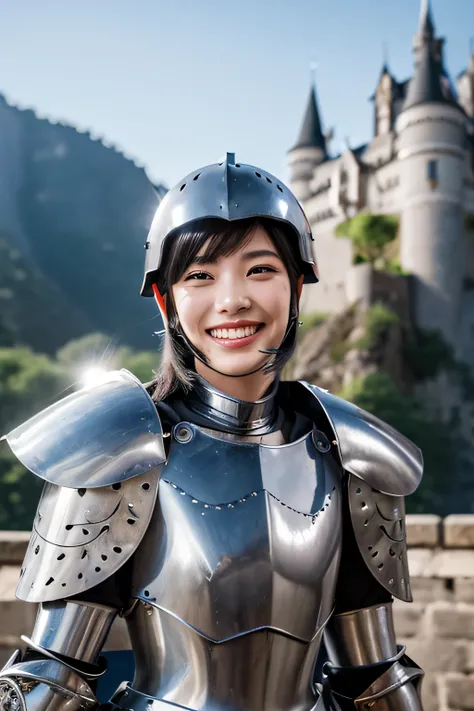 highest quality、４Ｋ、The background is a castle、slender body shape、female knight、black hair、smile、beautiful teeth、hairstyle shortcut、ear piercing、full body photo、Luxurious Silver Armor、He wears a helmet on his head