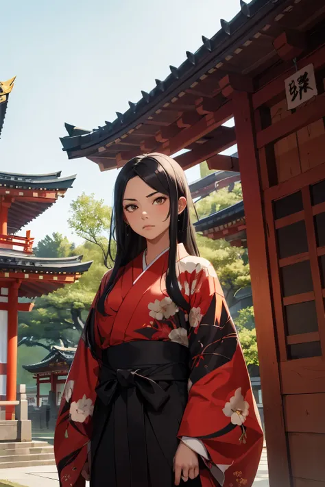 Avatar of the Fire Tribe, girl with long black hair. Brown eyes, black kimono. Stands against the backdrop of a Japanese temple. Calm and serious face. A red dragon sits behind her