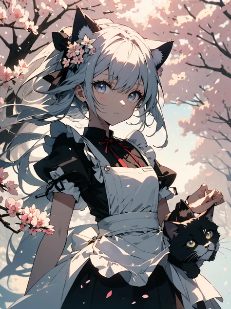 (highest quality、masterpiece、High resolution、be familiar with)、(shining eyes、be familiar with美しい顔)、(1 girl、maid),(maid clothes、Spring specifications)、(Cat ears on the head)、(cute)、(pastel colour)、BREAK,spring landscape、pop theme、 cherry blossom background、...