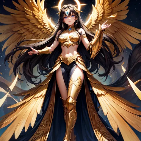 best quality, extremely beautiful, beautiful face, angel woman, four huges golden wing, revealing armor with open front skirt, v...