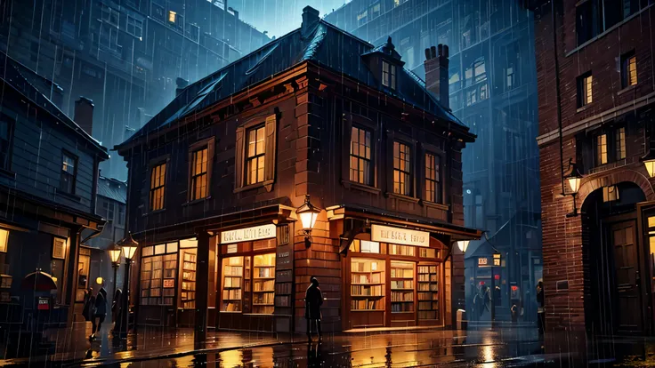 Generate an image of a historic building that resembles an old bookstore, viewed diagonally from the front, captured at nighttime while its raining.