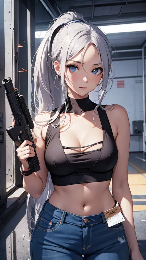 最high quality、best image quality、masterpiece、girl((18-year-old、 By becoming、vest bust、medium bust,wide open breast tea、shining eyes, silver hair、ponytail、long hair、thin,highest valley、white tank top、blue pants、Wristband、brown skin、Holding a handgun)),high ...