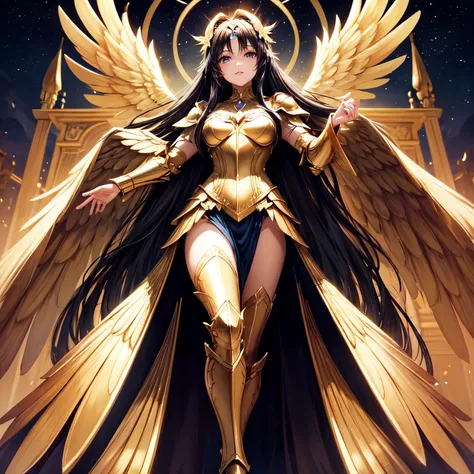 best quality, extremely beautiful, beautiful face, angel woman, four huges golden wing, revealing armor with open front skirt, v...