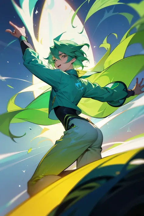 Imagine Gregor, a 17-year-old teenager with an unmatched flair for the extraordinary. His visage is that of a typical adolescent, yet possessing an eccentric style that sets him apart. Long, luminous leaf-green hair cascades down his back, swaying in the w...