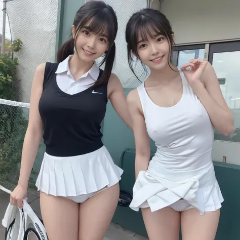 (tennis wear、white dress shirt、black hair、white micro mini skirt、pleated skirt、smile、beautiful teeth alignment、Are standing、sleeveless、the skirt is turned up、Pure white string panties、short socks、tennis shoes、from below、blurred background、Mountain tennis c...