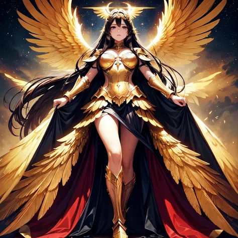 best quality, extremely beautiful, beautiful face, angel woman, (two huges golden wing : 1.2), revealing armor with open front s...