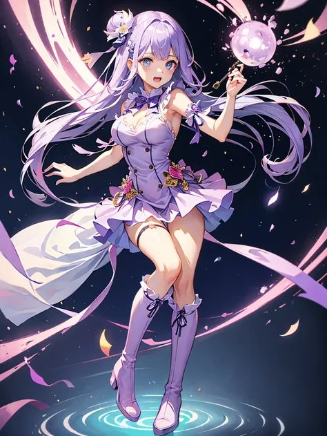 ((a girl)), full body, ((light purple hair)), pink eyes, ((idol costume)), long boots, ((high quality)), french style costume