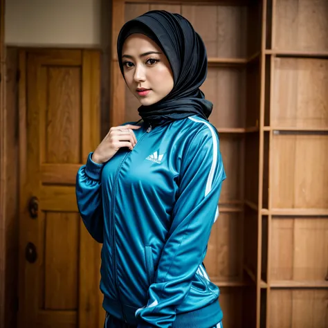 masterpiece, best quality, 1girl, solo, rokujou minori, standing, 1girl, solo, track suit, track jacket, hijab 