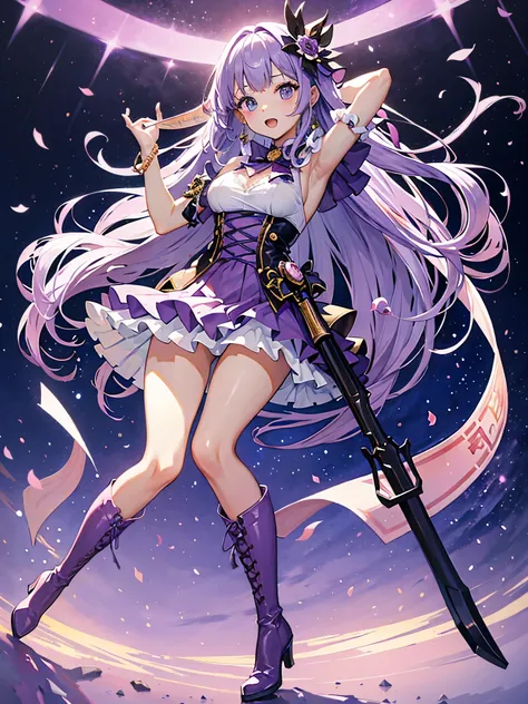 ((a girl)), full body, ((light purple hair)), pink eyes, ((idol costume)), long boots, ((high quality)), French style costume