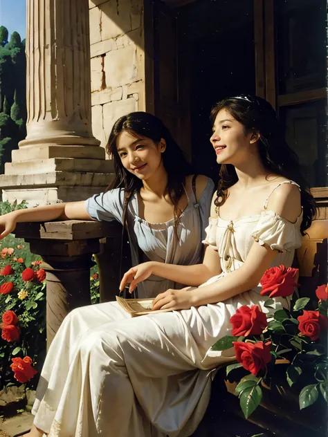 full body portrait or statue、Giorgione painting style,Arguments of two female Philosophe,math、astronomical machine、astronaut、roses in vase、fruits、Cute trinkets、smile、ancient greek costume、Ancient Roman landscape in the style of Nicolas Poussin,laughter,,Sw...