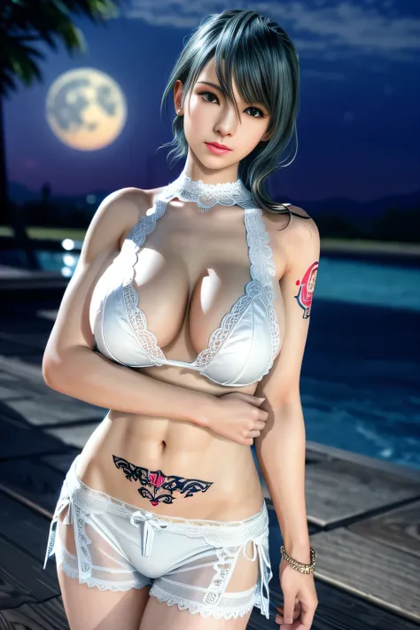 1 girl,standing posture,halter neck, bare shoulders, pantyhose, bodysuit,( see-through:1.2),white bodystocking, nighttime,moon,( huge breasts:1.1),cleavage,shiny skin,lip gloss,( tattoos:1.2), masterpiece, best quality, realistic ,Rich artistic colors, 8K,...