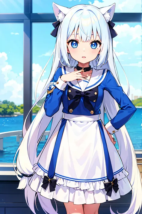 1 girl Blue hair  white  sailor  blue eyes beauty excellent quality 2k