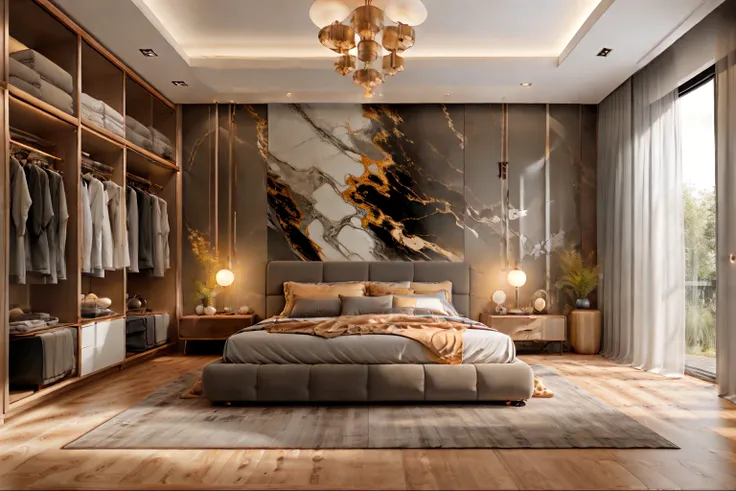 ultra realistic, masterpiece, best quality, super detailed, ultra high res, raw photo, 8k,
a modern bedroom with light grey, (fa...