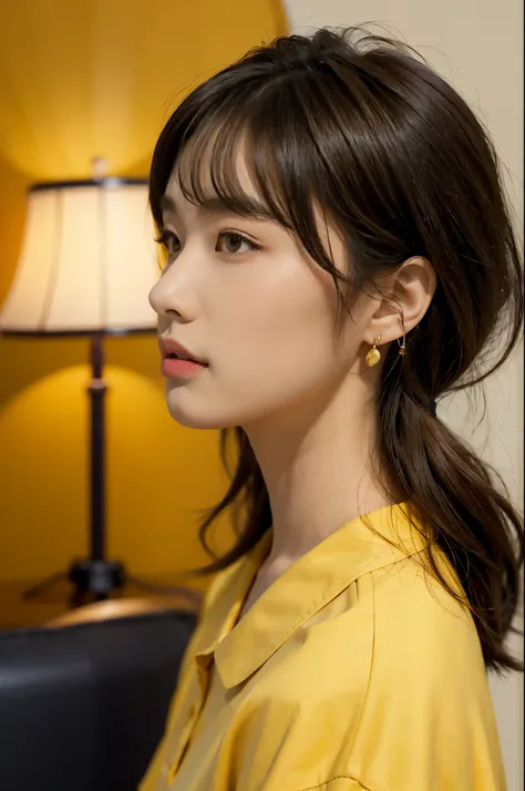 1 beautiful Japanese_American woman,solo,31 years old,blurry background,brown hair,shoulder length straight short hair,bangs,earrings,depth of field,sideview,looking away,close-up of face,indoors,profile,realistic,in the news live broadcast room,bright lig...