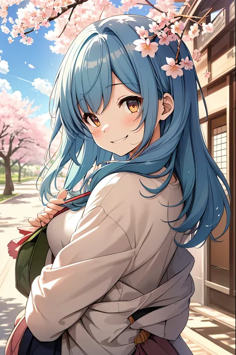 girl, on campus, cherry blossoms, simple canvas style painting style), (Bright and fresh color matching), (shy smile, natural behind the handle), (mid spring, 通りの両側には見事なcherry blossoms並木が) (beautiful blue sky and white clouds, soft and colorful, sunlight),...