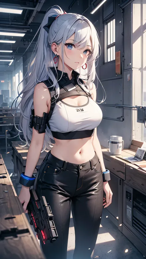 最high quality、best image quality、masterpiece、girl((18-year-old、 By becoming、vest bust、medium bust,wide open breast tea、shining eyes, silver hair、ponytail、long hair、thin,highest valley、white tank top、blue pants、Wristband、Holding a handgun、ruby earrings、squa...