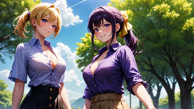 2girls, summer, village, trees, sun, clouds, ((colorful hair)), ponytail, large breasts, button down, blue eyes, ((purple shirt)), ((unbuttoned shirt)), unbuttoning buttons, popping buttons, ((short sleeved shirt)), black mini skirt, brown shoes, grin, loo...