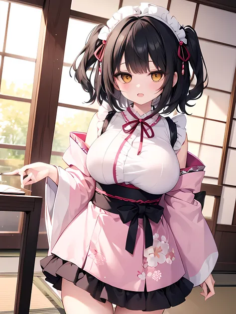 master piece,best quality,(super detail),perfect writing, Highly detailed CG,Super detailed,(highly detailed eyes,very cute face,highly detailed face:1.3),beautiful anime girl,(solo girl),(super huge breasts:1.5),(black hair,short hair,2 side up:1.7),(big ...