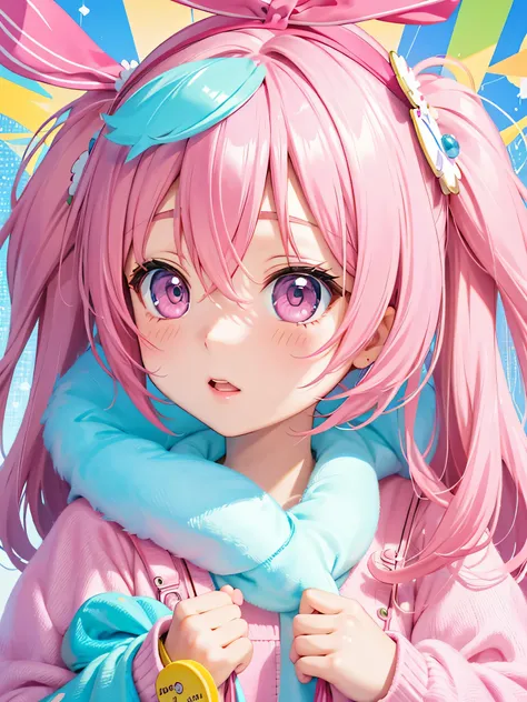 Anime girl with pink hair holds a pink phone in front of her face, Decora style illustration, cute cute girl, (((Chibi)))、cute realistic portrait, pretty art style, anime atmosphere, Kawaii Anime Manga Style, cute anime girl, cute aesthetics, anime art wal...