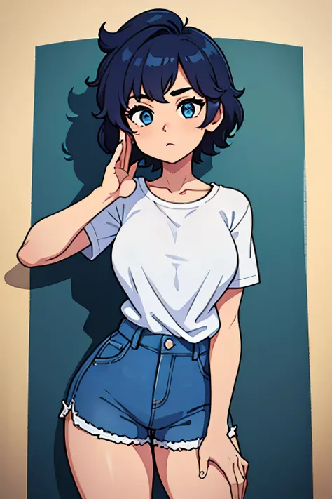 girl with short curly hair and white tshirt and blue shorts shows u the hand inside