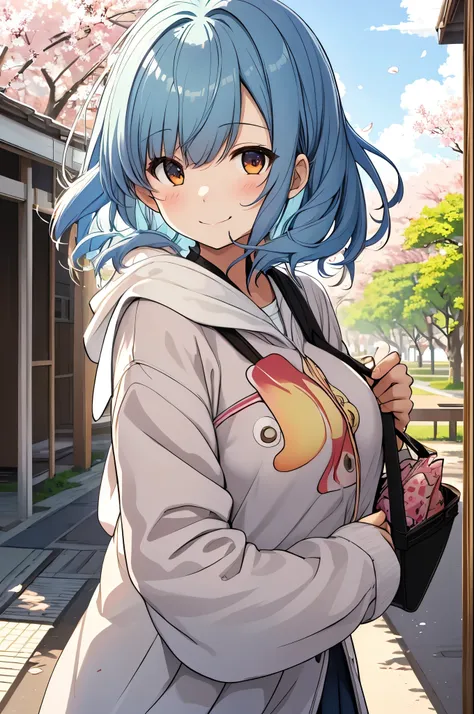 girl, on campus, cherry blossoms, simple canvas style painting style), (Bright and fresh color matching), (shy smile, natural behind the handle), (mid spring, 通りの両側には見事なcherry blossoms並木が) (beautiful blue sky and white clouds, soft and colorful, sunlight),...