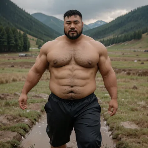 A short haired Mongolian man leading a horse on a rainy mogolian grassland,rain drops falling on his skin， mongol，Thick body hair, Strong masculine characteristics, sexy muscular body, partially male hairy torso,masculine and strong，sexy muscular upper bod...