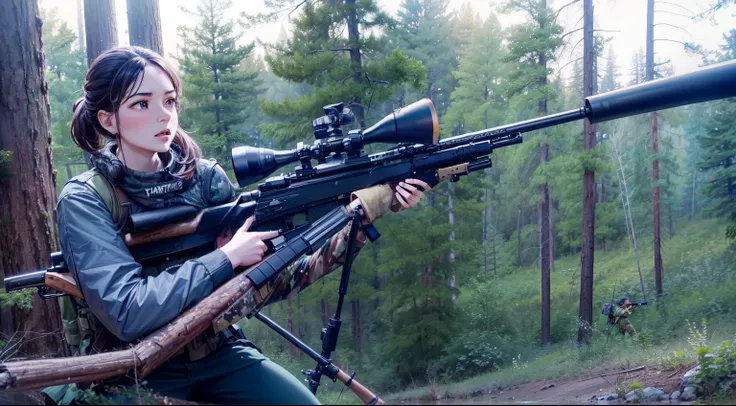 woman holding a rifle in a forest with a tree branch, carrying a scoped hunting rifle, holding a sniper rifle, bolt action rifle, with rifle, hunting, forest hunter lady, grabbing a rifle, huntress, youtube thumbnail, holding a rifle, large caliber sniper ...