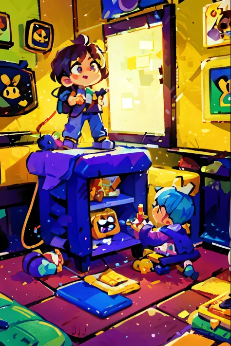 Cartoon illustration of playing with toys in the room, video game fanart, nintendo Game art, 2D game fanart, videoGame art, artstation, Official fan art, Game art!!, (art station), Detailed fanart, lovely artwork,vintage artwork, Game art, official artwork