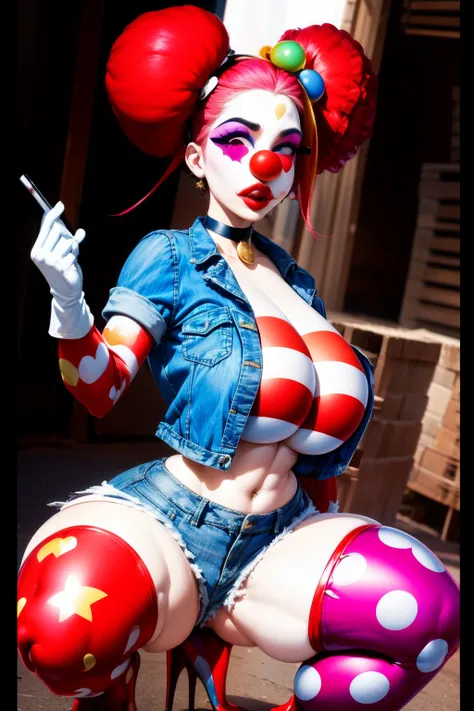 (masterpiece, top quality, best quality, beautiful and aesthetic:1.2), clown, clussy, clown makeup, bimbo, bimbofied, bimbo lips, bursting_breasts, busty, choker, high_heels, huge_ass, huge_breasts, sexy pose, pinup, voluptuous woman, small waist, midriff,...