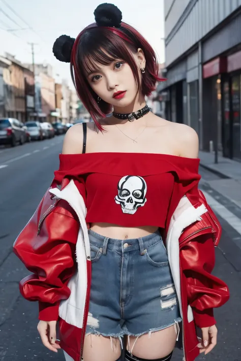 cute punk idol、whole body、good style、、、、、skull print red punk costume（off shoulder）、、Short hair