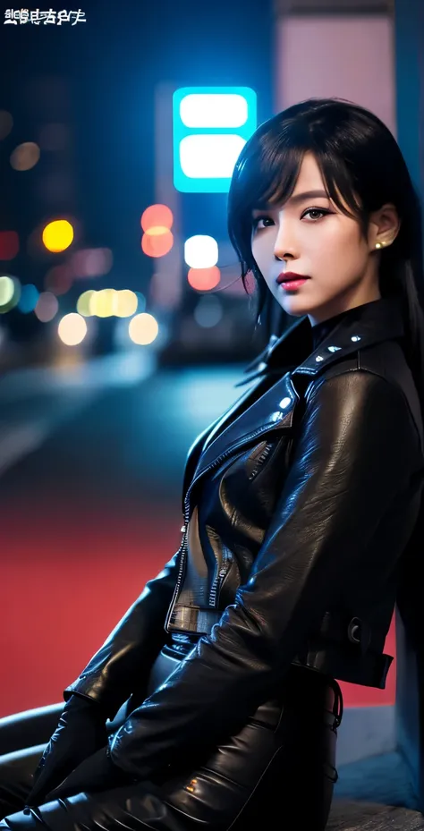 black leather rider jacket, office in the dark, Fingertips of black leather gloves on both hands,wearing black leather gloves,sitting in a black leather chair、 Japanese female new employee (black leather gloves cover both hands) (The angle is horizontal)、b...