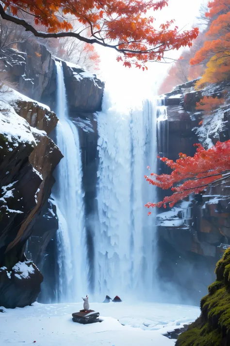 White fox fur is as smooth as snow，Nine tails tactful，Sitting on a cliff。Red leaves fluttering in the wind，A waterfall surges in the distance，The valley is filled with tranquility。In the picturesque scene，Nine-tailed white fox stares into the distance，Beco...