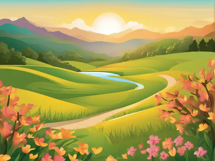 Aesthetics of vector art, spring in vector graphics, warm, sunny, joyful, nature wakes up, vector art, high definition, clear contours, gradients