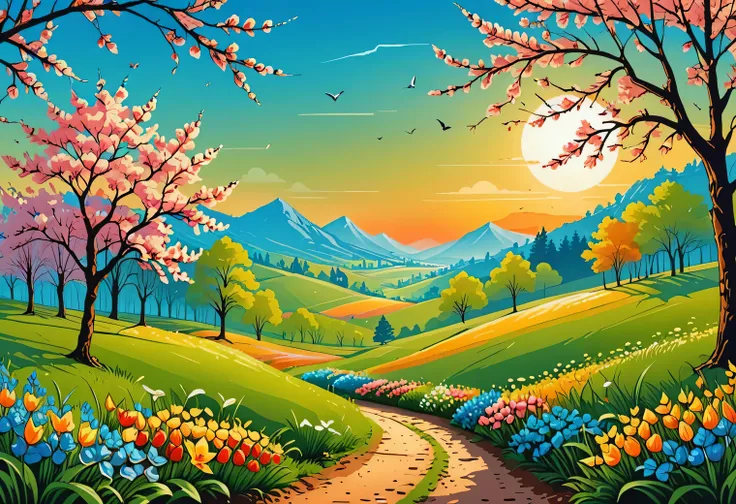 Aesthetics of vector art, spring in vector graphics, warm, sunny, joyful, nature wakes up, vector art, high definition, clear contours, gradients