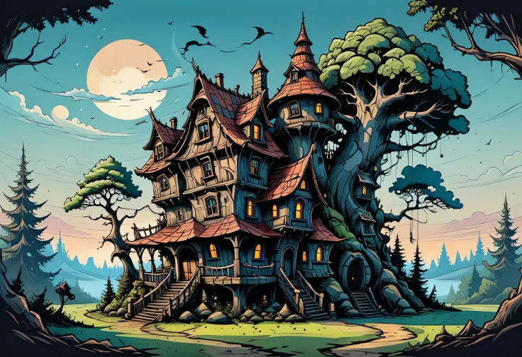 Aesthetics of vector art, surreal image of a strange house with a tower similar to a large forest troll with gnarled trees, vector art, high definition, clear contours, gradients