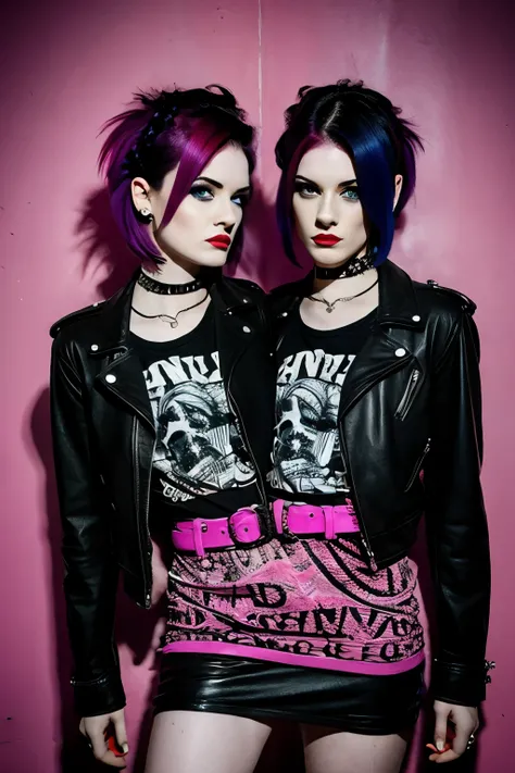 2heads, two headed woman, age 24, pale skin, short black hair with magenta streaks in front, punk rock fashion,