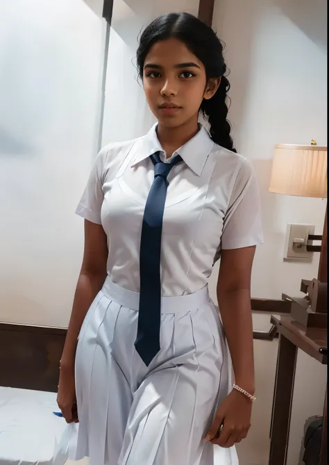 raw photo , 1 girl  ,wearing white frock and color tie, white shoes ,sri lanka teen school girl, with plait, big breasts, sexy ,...