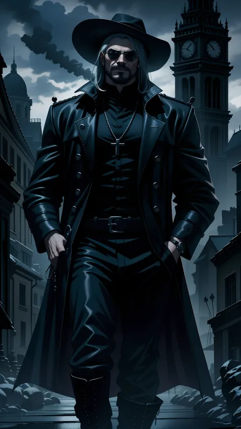 demon hunter, equipped with two pistols, with a large hat that partially covers his face, a masculine and battle-hardened man, wearing a long black trench coat, symbols of protection all over his body, purple glasses, pendants on his neck, rosary religious...