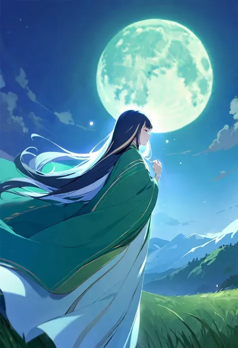 (((shylily))),,Green cloak,simple background，moon，The breath of life，green，grassland，The breath of life，Gentle yet powerful divinity，There is a sense of majesty