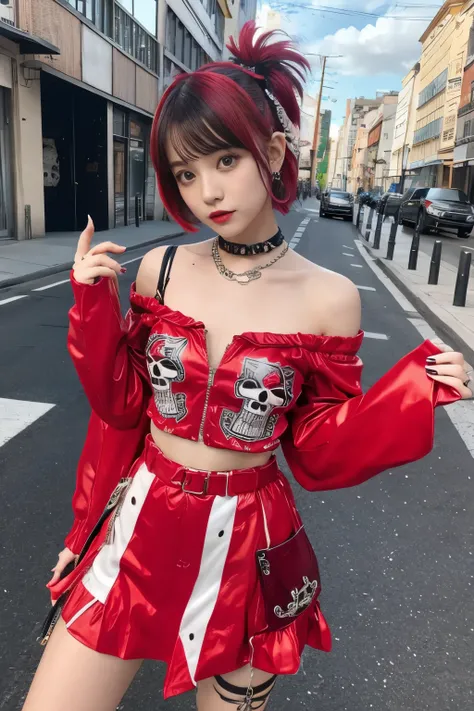 cute punk idol、whole body、good style、、、、、skull print red punk costume（off shoulder）、、Short hair