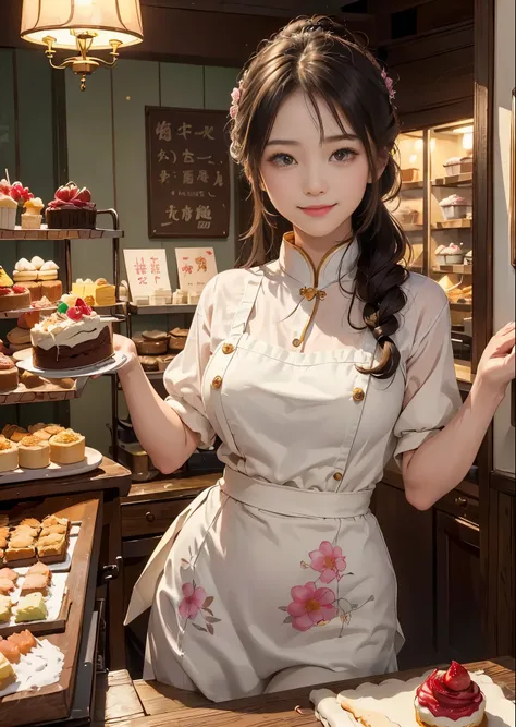 ((A simple and hard-working cake shop girl，She has a cake，A warm welcoming smile，Embodying the role of a warm and generous saleswoman，The face is kind and beautiful，Your expression is so kind、seductive))，This artistic expression combines wisdom、beauty and ...