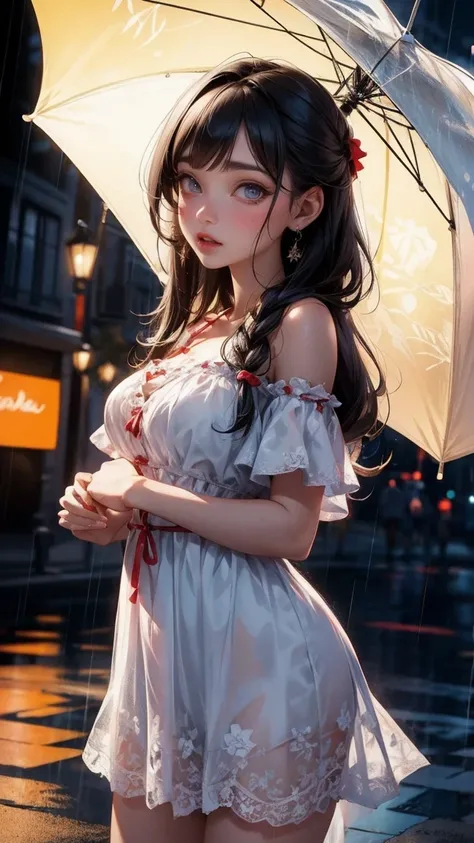 Cute Girl, cowboy shot,((Best quality, 8k, lace maxi dress, standing in the rain, red light district, highly detailed face and skin texture, detailed eyes, double eyelids.)