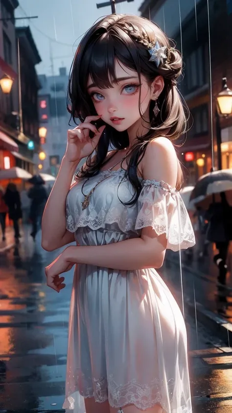 Cute Girl, cowboy shot,((Best quality, 8k, lace maxi dress, standing in the rain, red light district, highly detailed face and skin texture, detailed eyes, double eyelids.)