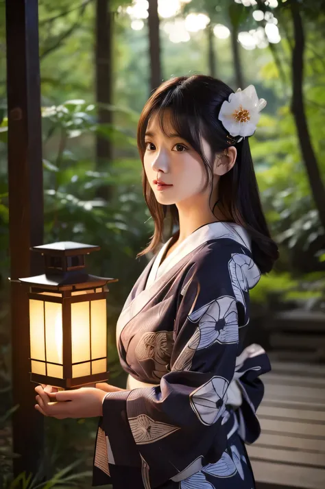 8k、RAW photo、highest quality、masterpiece:1.2)、High-definition RAW color photo、professional photos、Japanese、Beautiful woman、luxurious hair ornament、holding a lantern、Standing in front of an old shrine in the woods、night、(genuine、Photo geneuine:1.37)25 year ...