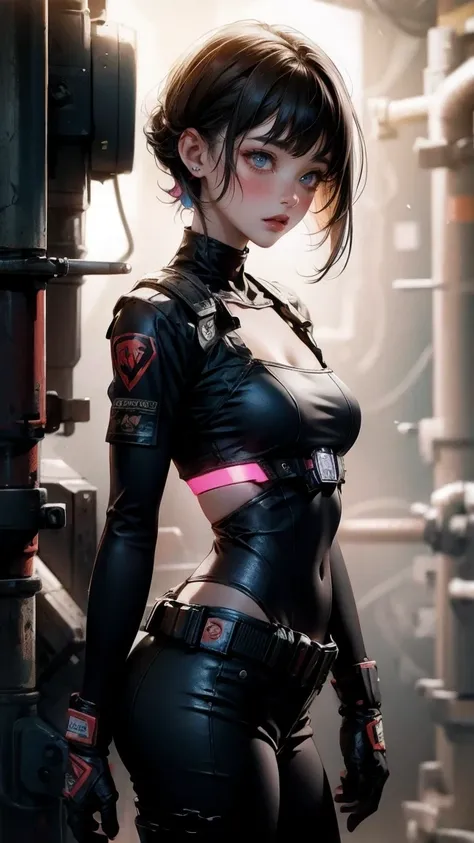 Cute Girl, cowboy shot,analog style, high resolution, (((masterpiece))), coal miner, female, (sexy:0.9), dirty, cyberpunk, futuristic, sci-fi, very detailed, short hair, Award-winning movie poster, (((photorealistic)))