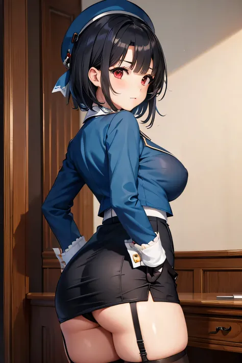 (masterpiece, best quality:1.2),illustration,8k,hd,1girl,solo,upper body,(portrait:1.2),takao (kancolle),black hair,red eyes,short hair,large breasts,long sleeves,hat,black gloves,black thighhighs,miniskirt,blue skirt,military uniform,beret,garter straps,b...