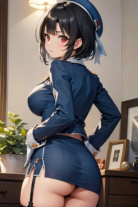 (masterpiece, best quality:1.2),illustration,8k,hd,1girl,solo,upper body,(portrait:1.2),takao (kancolle),black hair,red eyes,short hair,large breasts,long sleeves,hat,black gloves,black thighhighs,miniskirt,blue skirt,military uniform,beret,garter straps,b...