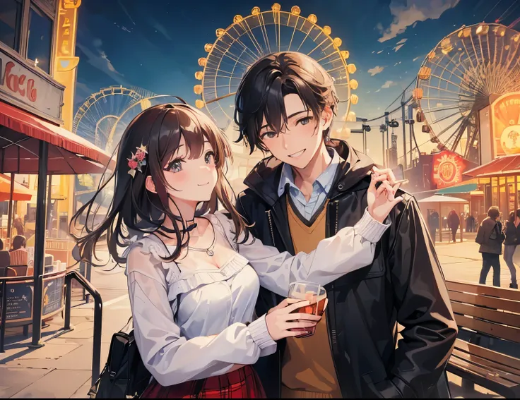 ((Best quality, A high resolution, Masterpiece:1.2)), (Romantic), (couple:1) ,(Clear facial features), (happy smile), a couple having a date in an amusement park, amusement park, in front of ferris wheel, rollercoaster, smile, laugh, romantic atmosphere, R...