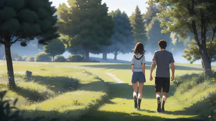 A 20-year-old man and woman with well-proportioned bodies、Rear view of a man wearing a short-sleeved shirt walking through a meadow with long grass and no path